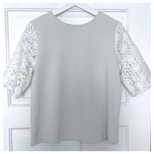 Grey body / white lace sleeve top